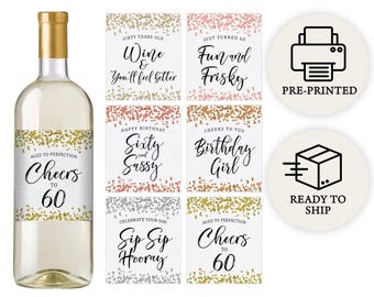 60th Birthday Party Decoration - Waterproof Wine Bottle Labels, Printed Set of 6, Confetti