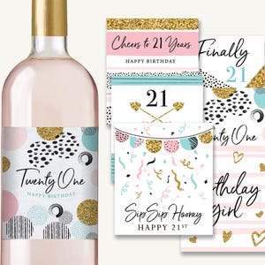 21st Birthday Party Decoration - Waterproof Wine Bottle Labels, Printed Set of 6, Pink and Gold image 2