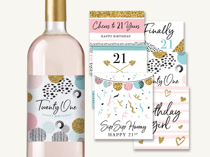 21st Birthday Party Decoration - Waterproof Wine Bottle Labels, Printed Set of 6, Pink and Gold image 2