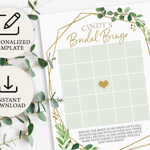 Cyfrowa gra Gold Greenery Bingo Bridal Shower | Natychmiastowe pobranie | PRP-502