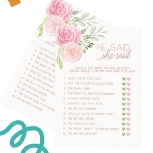 He Said She Said - Bridal Shower Game, 50 Printed Cards, Pink Floral (PRP-301) image 7