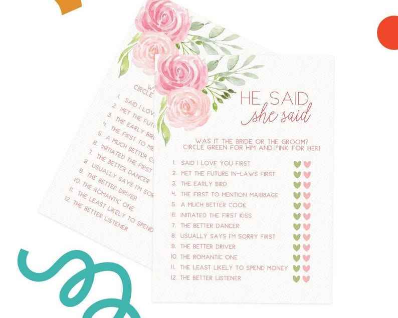 He Said She Said - Bridal Shower Game, 50 Printed Cards, Pink Floral (PRP-301) image 7