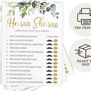 He Said She Said - Bridal Shower Game, 50 Printed Cards, Eucalyptus (PRP-101, PRP-100)
