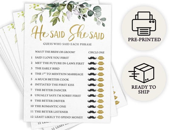 He Said She Said - Bridal Shower Game, 50 Printed Cards, Eucalyptus (PRP-101, PRP-100)