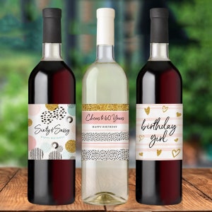 60th Birthday Party Decoration Waterproof Wine Bottle Labels, Printed Set of 6, Pink and Gold image 5