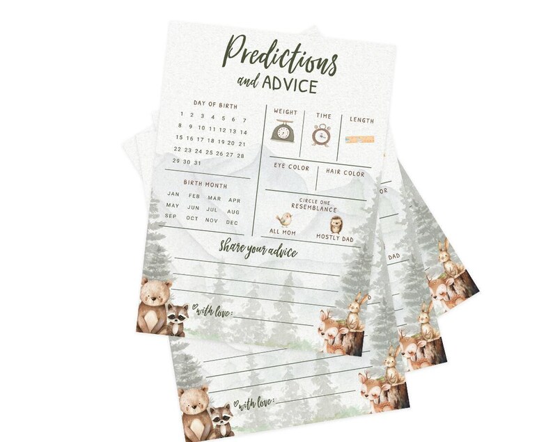 Tarjetas de predicciones y consejos para bebés – Juego de baby shower de aventura en el bosque, adorable temática de animales del bosque para niño, paquete de 30 (PRP-2001) imagen 7