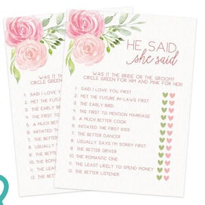 He Said She Said - Bridal Shower Game, 50 Printed Cards, Pink Floral (PRP-301) image 4