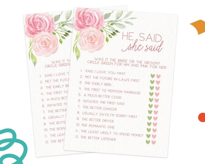 He Said She Said - Bridal Shower Game, 50 Printed Cards, Pink Floral (PRP-301) image 4