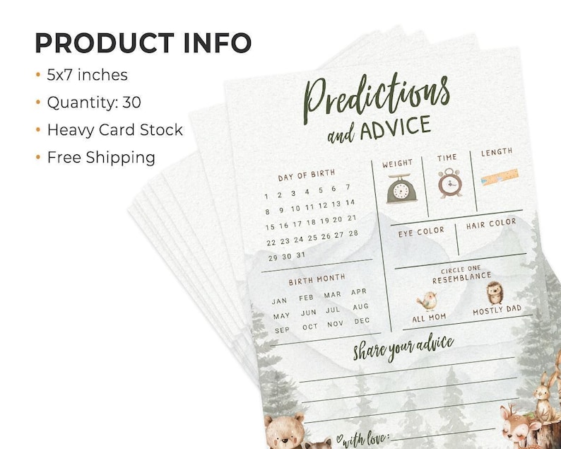 Tarjetas de predicciones y consejos para bebés – Juego de baby shower de aventura en el bosque, adorable temática de animales del bosque para niño, paquete de 30 (PRP-2001) imagen 2