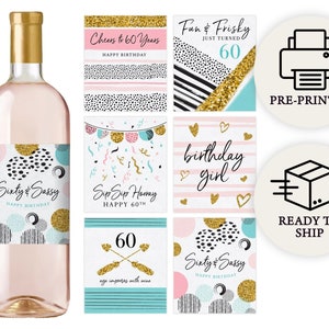 60th Birthday Party Decoration Waterproof Wine Bottle Labels, Printed Set of 6, Pink and Gold image 1