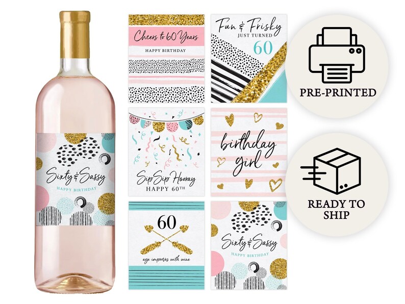 60th Birthday Party Decoration Waterproof Wine Bottle Labels, Printed Set of 6, Pink and Gold image 1