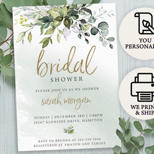 Elegant Greenery Bridal Shower Invitation | Professionally Printed Custom Order | Free Envelopes | Free Shipping | PRP-103, PRP-100