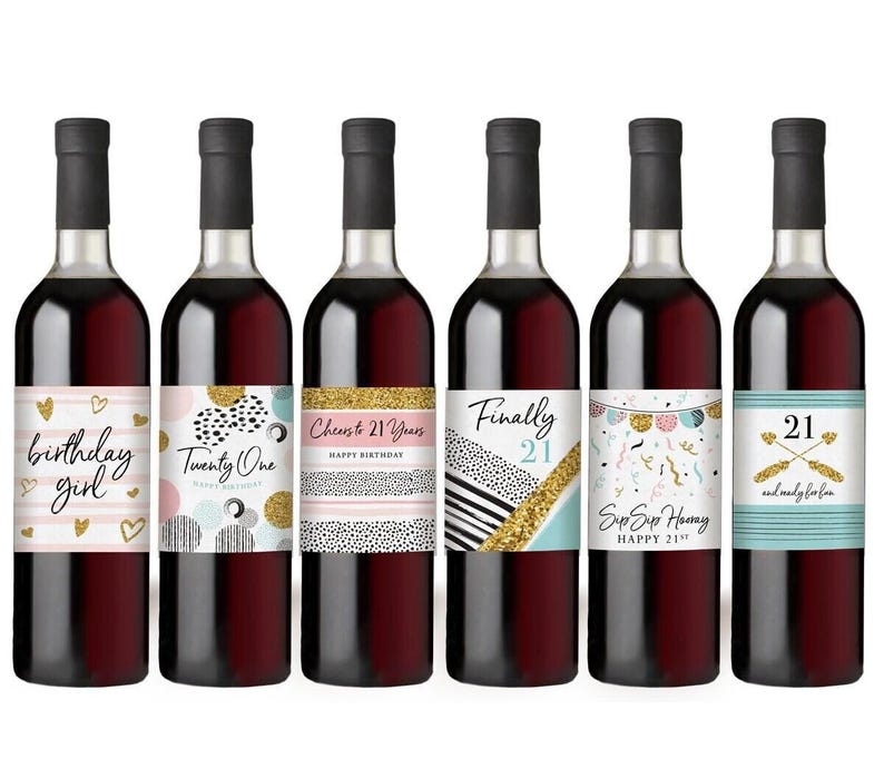 21st Birthday Party Decoration - Waterproof Wine Bottle Labels, Printed Set of 6, Pink and Gold image 7
