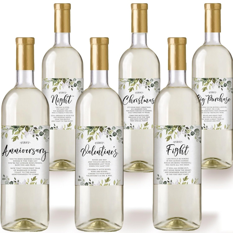 Marriage Milestones Wedding Gift - Waterproof Wine Bottle Labels for the Bride-to-Be, Printed Set of 6, Eucalyptus (PRP-101) (PRP-100) image 4