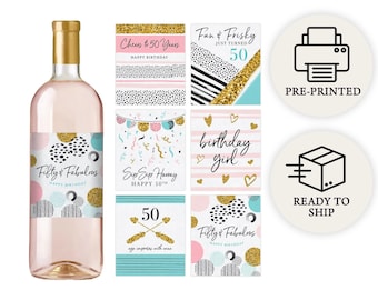 50th Birthday Party Decoration - Waterproof Wine Bottle Labels, Printed Set of 6, Pink and Gold