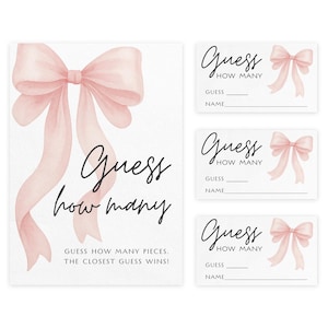 May include: A set of baby shower game cards with a watercolor bow design. The main card reads "Guess how many" with space for guesses. Smaller cards also feature the bow and prompts for guesses and names.