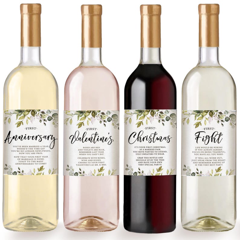 Marriage Milestones Wedding Gift - Waterproof Wine Bottle Labels for the Bride-to-Be, Printed Set of 6, Eucalyptus (PRP-101) (PRP-100) image 3