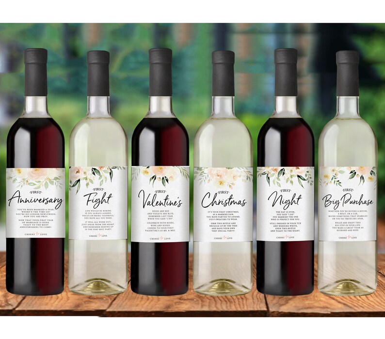 Floral Wedding First Wine Bottle Labels Set of 6 Waterproof Etsy