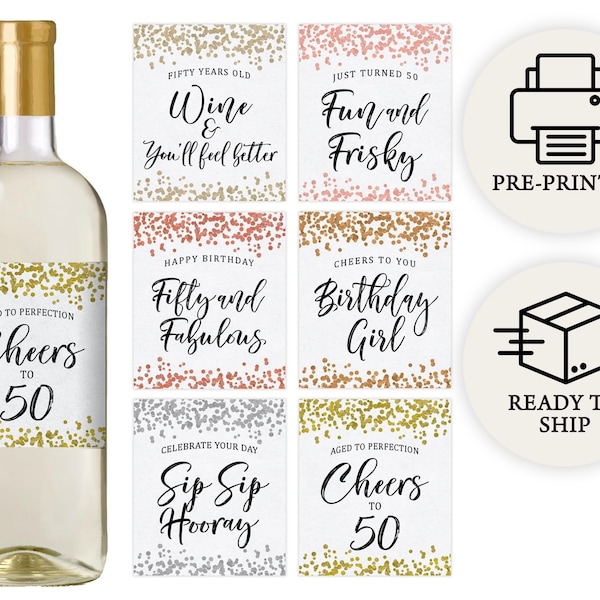 50th Birthday Party Decoration - Waterproof Wine Bottle Labels, Printed Set of 6, Confetti