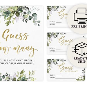 Guess How Many - Candy Jar Guessing Game, Printed Set of 50 Cards and Sign, Eucalyptus (PRP-101, PRP-100)