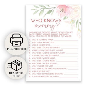 Who Knows Mommy Best - Baby Shower Game, 50 Printed Cards, Pink Floral (PRP-311)