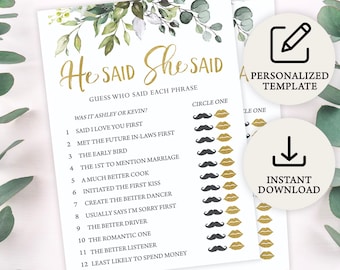 Digital Eucalyptus He Said She Said Bridal Shower Game | Instant Download | PRP-102, PRP-100