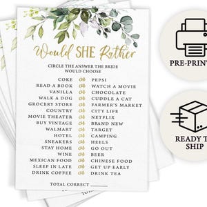 Would She Rather - Bridal Shower Game, 50 Printed Cards, Eucalyptus (PRP-101, PRP-100)