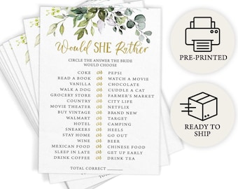 Would She Rather - Bridal Shower Game, 50 Printed Cards, Eucalyptus (PRP-101, PRP-100)