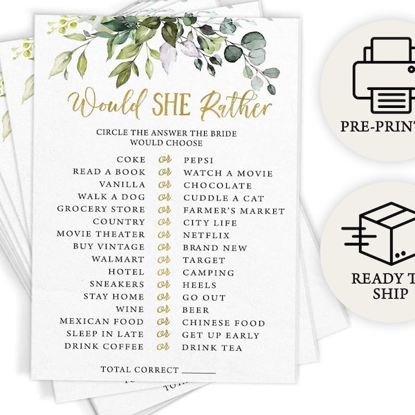 Would She Rather - Bridal Shower Game, 50 Printed Cards, Eucalyptus (PRP-101, PRP-100)