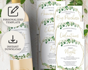 Digital Gold Greenery Full Size Bottle Labels | Set of 6 | Wedding Wine Bottle Labels | Milestone Wine Labels  PRP-502
