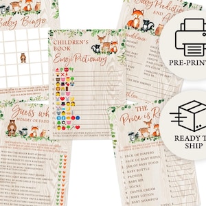 Woodland Baby Shower Game Set - 5 Games for 50 Guests, Printed Double-Sided, Forest Animals (PRP-401))