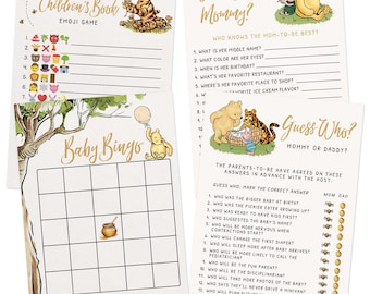 Personalized & Printed Winnie Baby Shower Game Set | Custom Print | Includes Bingo, Mommy Trivia, Emoji Game and Guess Who | PRP-1003