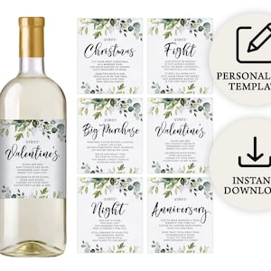 May include: Set of six printable wine bottle labels with a watercolor floral design. Each label features a different milestone, such as "First Christmas", "First Fight", "First Big Purchase", "First Valentine's", "First Night", and "First Anniversary".