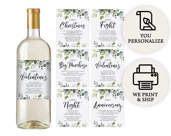 Personalized & Printed Eucalyptus Full Size Bottle Labels | Set of 6 | Wedding Wine Bottle Labels | Custom Print