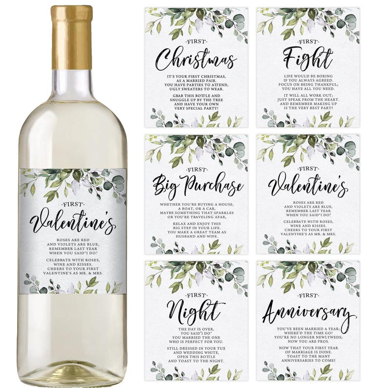 Marriage Milestones Wedding Gift - Waterproof Wine Bottle Labels for the Bride-to-Be, Printed Set of 6, Eucalyptus (PRP-101) (PRP-100) image 1