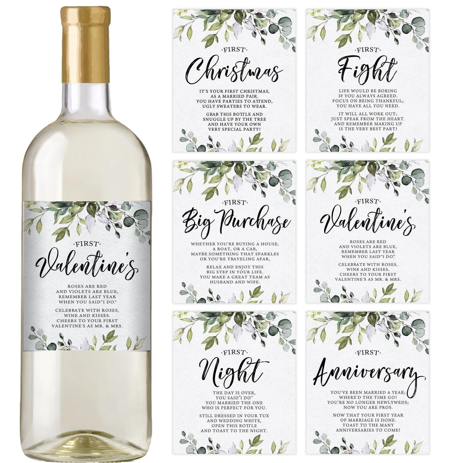 Marriage Milestones Wedding Gift - Waterproof Wine Bottle Labels for the Bride-to-Be, Printed Set of 6, Eucalyptus (PRP-101) (PRP-100)