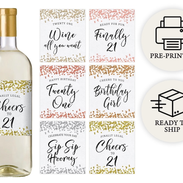 21st Birthday Party Decoration - Waterproof Wine Bottle Labels, Printed Set of 6, Confetti