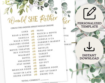 Digital Eucalyptus Would She Rather Bridal Shower Game | Instant Download | PRP-102, PRP-100