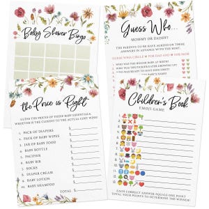 Baby Shower Game Set - 4 Games for 30 Guests, Printed Double-Sided, Wildflower (PRP-211)