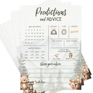 Tarjetas de predicciones y consejos para bebés – Juego de baby shower de aventura en el bosque, adorable temática de animales del bosque para niño, paquete de 30 (PRP-2001) imagen 4