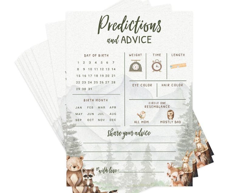 Tarjetas de predicciones y consejos para bebés – Juego de baby shower de aventura en el bosque, adorable temática de animales del bosque para niño, paquete de 30 (PRP-2001) imagen 4