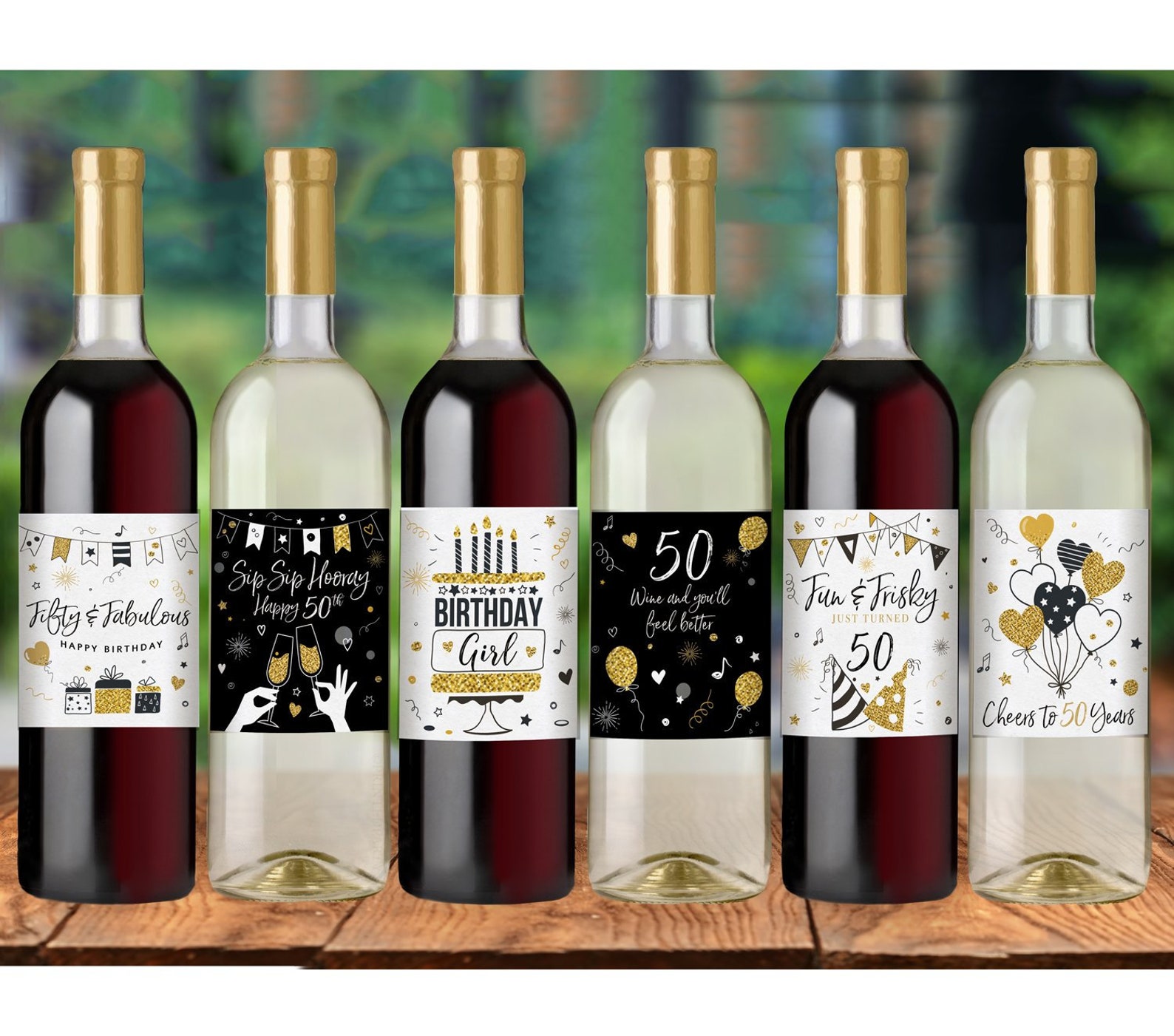 50th Black and Gold Birthday Wine Bottle Labels Set of 6 Etsy