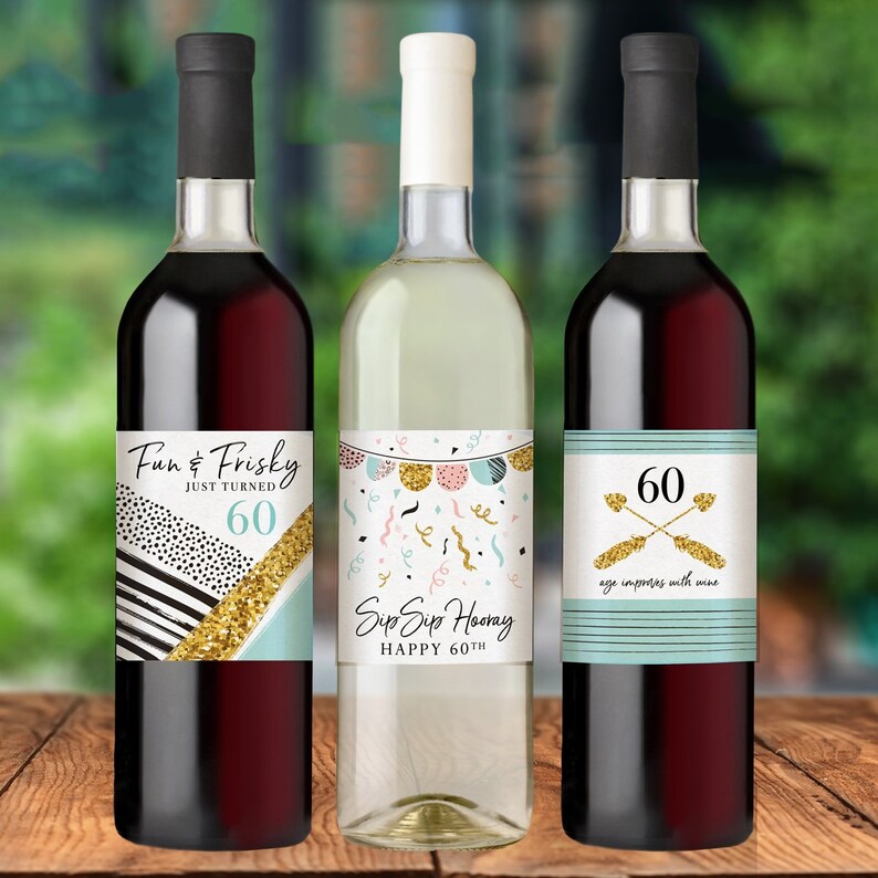 60th Birthday Party Decoration Waterproof Wine Bottle Labels, Printed Set of 6, Pink and Gold image 4