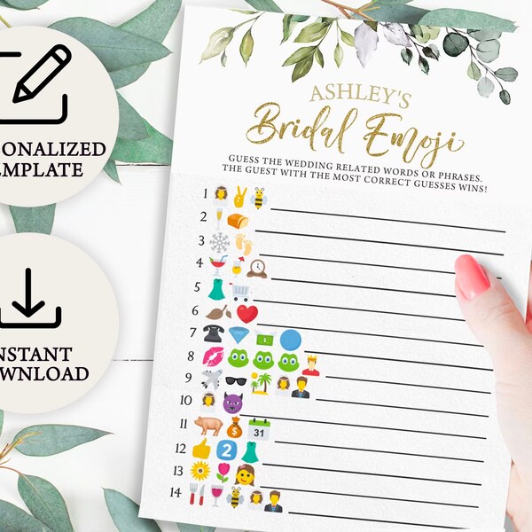 Digital Eucalyptus Emoji Guess Bridal Shower Game |  Instant Download | PRP-102, PRP-100