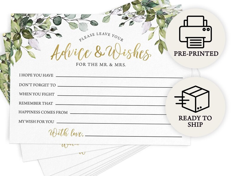 Advice For The Bride and Groom Bridal Shower Game, 50 Printed Cards, Eucalyptus PRP-101, PRP-100 image 1