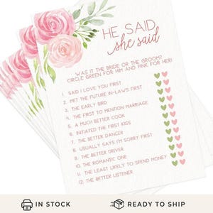 He Said She Said - Bridal Shower Game, 50 Printed Cards, Pink Floral (PRP-301) image 1
