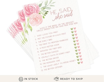 He Said She Said - Bridal Shower Game, 50 Printed Cards, Pink Floral (PRP-301)