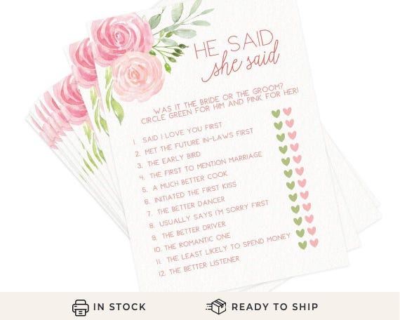 He Said She Said - Bridal Shower Game, 50 Printed Cards, Pink Floral (PRP-301)