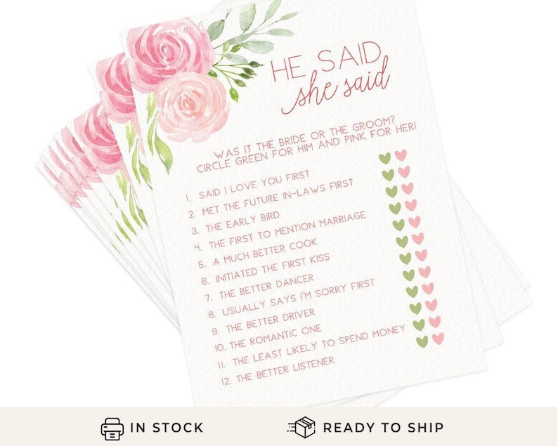 He Said She Said - Bridal Shower Game, 50 Printed Cards, Pink Floral (PRP-301) image 1