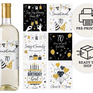 70th Birthday Party Decoration - Waterproof Wine Bottle Labels, Printed Set of 6, Black and Gold